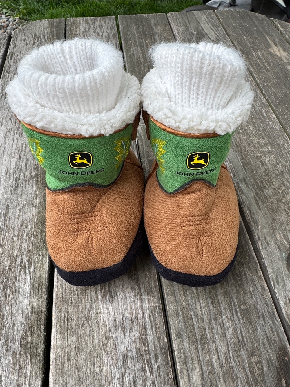 John Deere Green, Brown & White Cozy Plush Boot Slippers for Infants